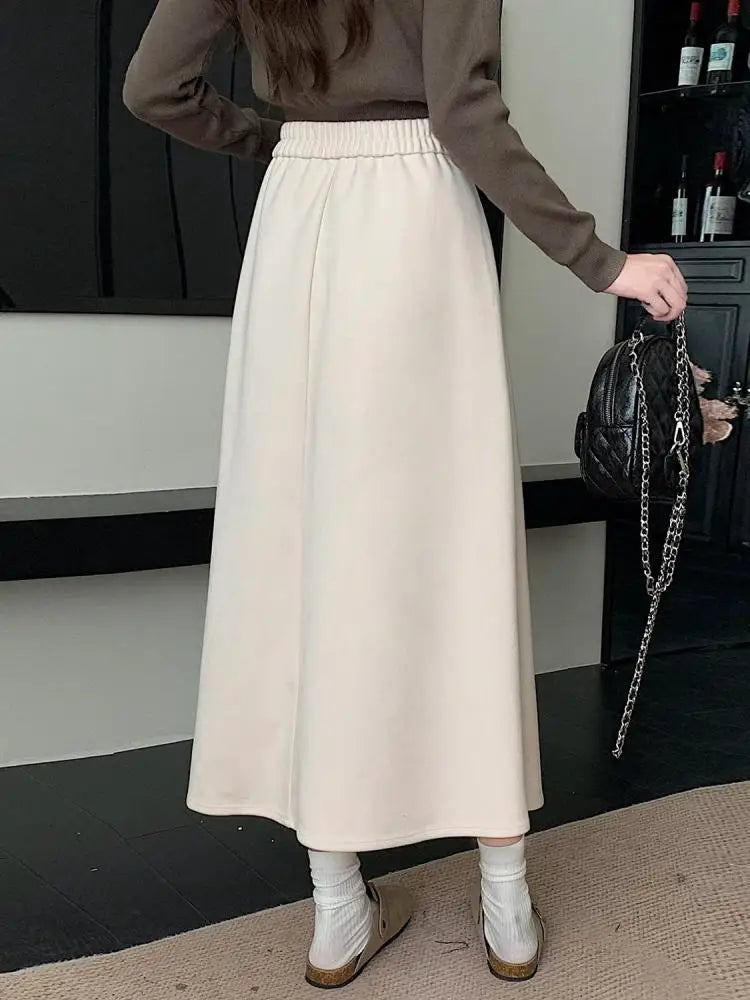 Autumn Winter Solid Large Size Woolen Long Skirt Women Fashion Korean Ladies High Waist Festival Pleated A-line Skirt Simplicity