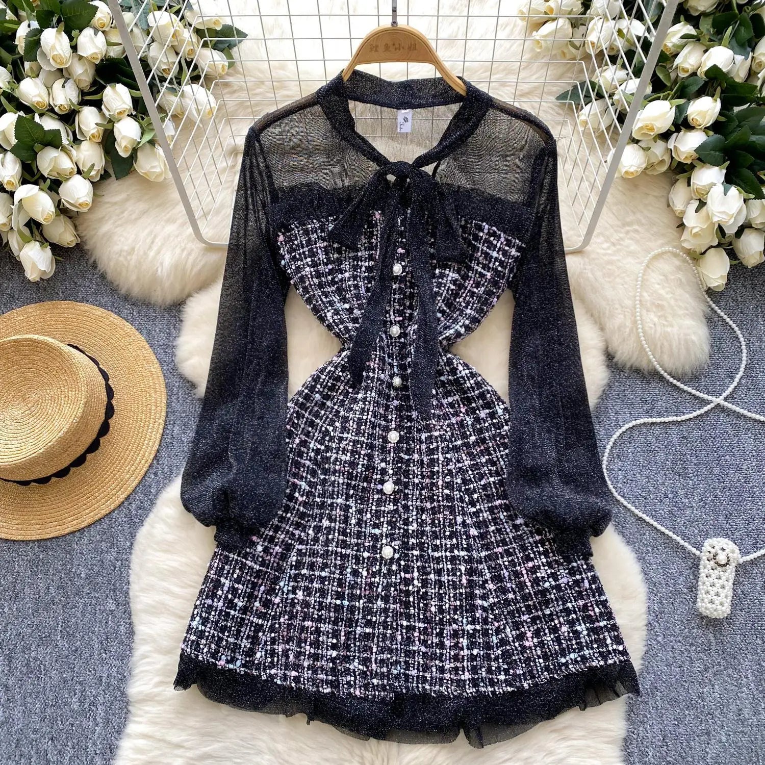 Autumn 2024 New Black Mesh Patchwork Plaid Elegant Long Sleeve Slim Bow Dress Women Gray Temperament Single Breasted Midi Dress