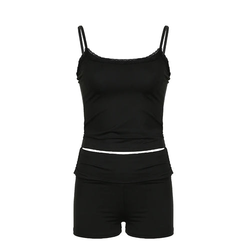 Load image into Gallery viewer, Casual Basic Fitness Summer Two Pieces Set Female Lace Trim Sporty Chic All-Match Tracksuit Crop Top+Shorts Outfits
