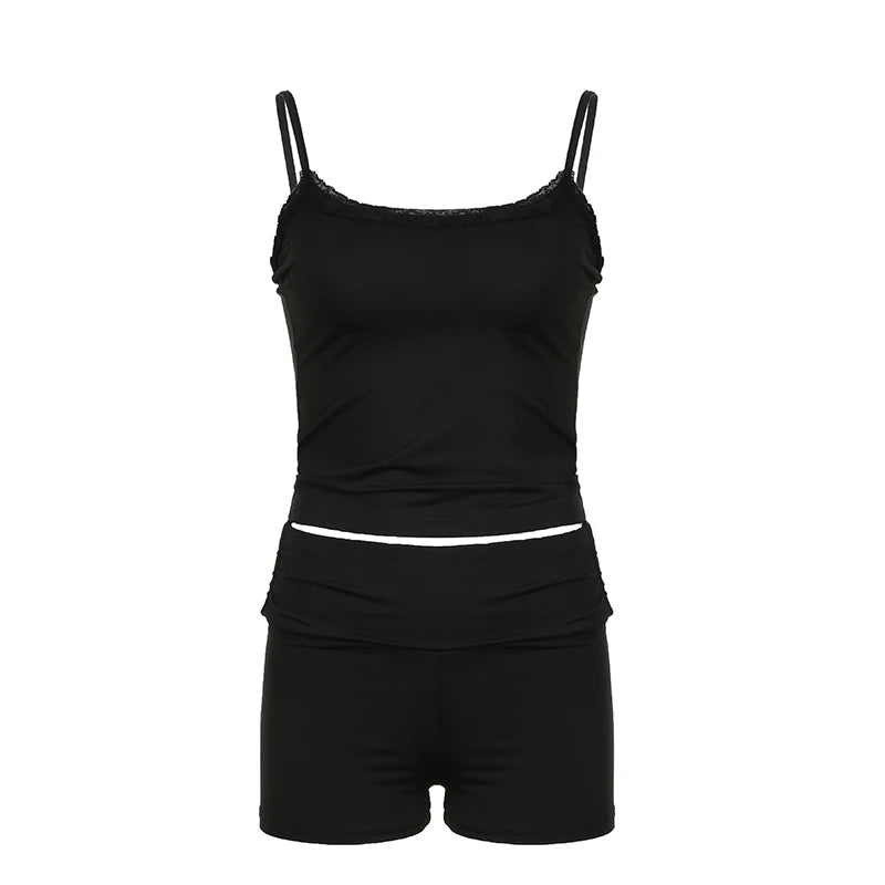 Casual Basic Fitness Summer Two Pieces Set Female Lace Trim Sporty Chic All-Match Tracksuit Crop Top+Shorts Outfits