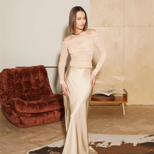 Load image into Gallery viewer, Summer Mesh Off-shoulder T-shirt Women Fashion Pleated Bust Backless Tees Tops Female Elegant Strapless See Through Top
