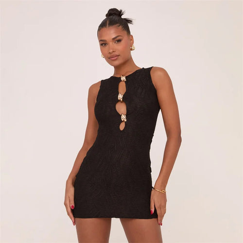 Load image into Gallery viewer, Hollow Out Sleeveless Sexy Mini Dress Women Robe Fashion Summer New Metal Ring Skinny Tank Dress Female Club Dresses
