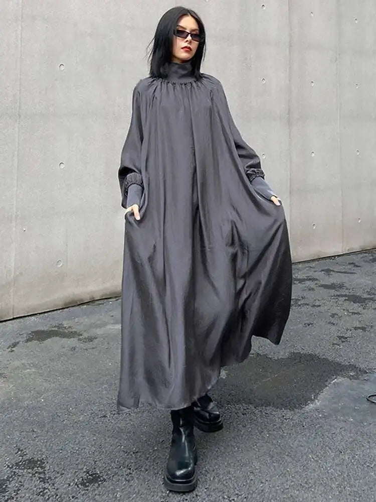 Women Gray Brief Long Big Size Elegant Dress New Turtleneck Long Sleeve Loose Fit Fashion Tide Spring Autumn 2025 1DH0252