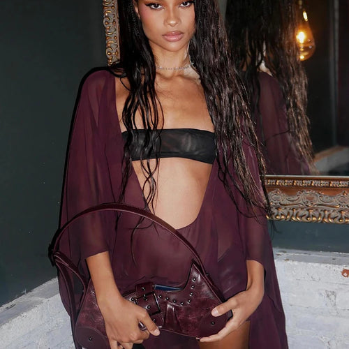 Load image into Gallery viewer, Hot Girls Mesh See Through T-Shirts Women Sexy Deep V-Neck Full Sleeve Irregular Ruffles Tassel Street Wild Style Top
