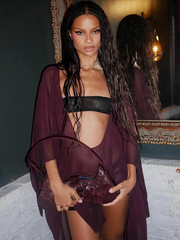 Hot Girls Mesh See Through T-Shirts Women Sexy Deep V-Neck Full Sleeve Irregular Ruffles Tassel Street Wild Style Top