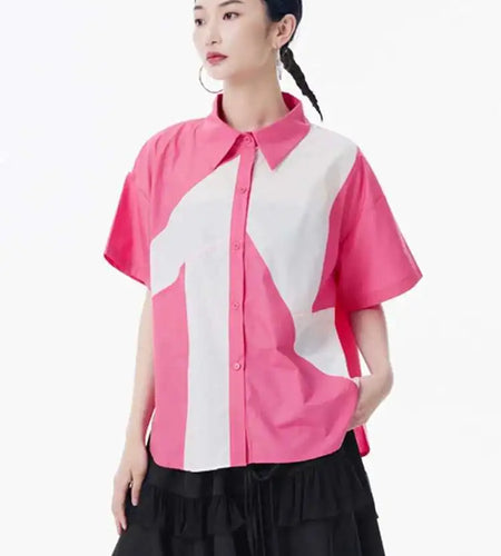 Women Green Color-block Big Size Casual Blouse New Lapel Short Sleeve Shirt Fashion Tide Spring Summer 2025 1DH9999