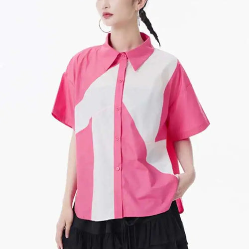 Load image into Gallery viewer, Women Green Color-block Big Size Casual Blouse New Lapel Short Sleeve Shirt Fashion Tide Spring Summer 2025 1DH9999
