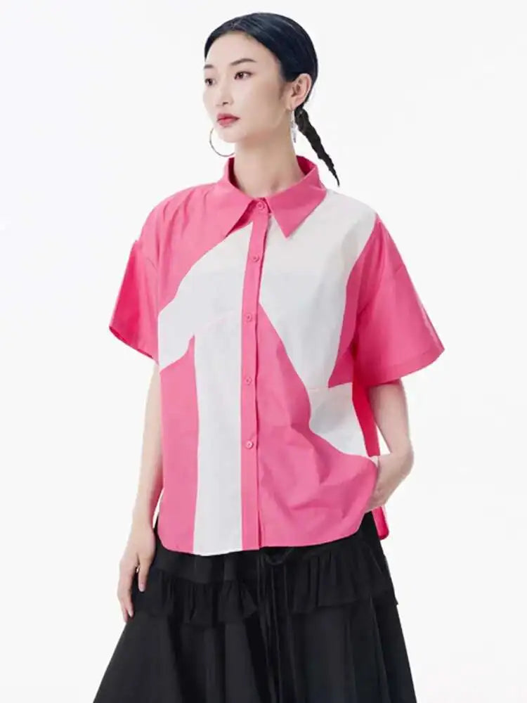 Women Green Color-block Big Size Casual Blouse New Lapel Short Sleeve Shirt Fashion Tide Spring Summer 2025 1DH9999