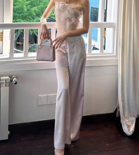 Elegant Two Piece Sets for Women Strapless Sleeveless Spliced 3D Flower Vest High Waist Wide Leg Pant Set Female