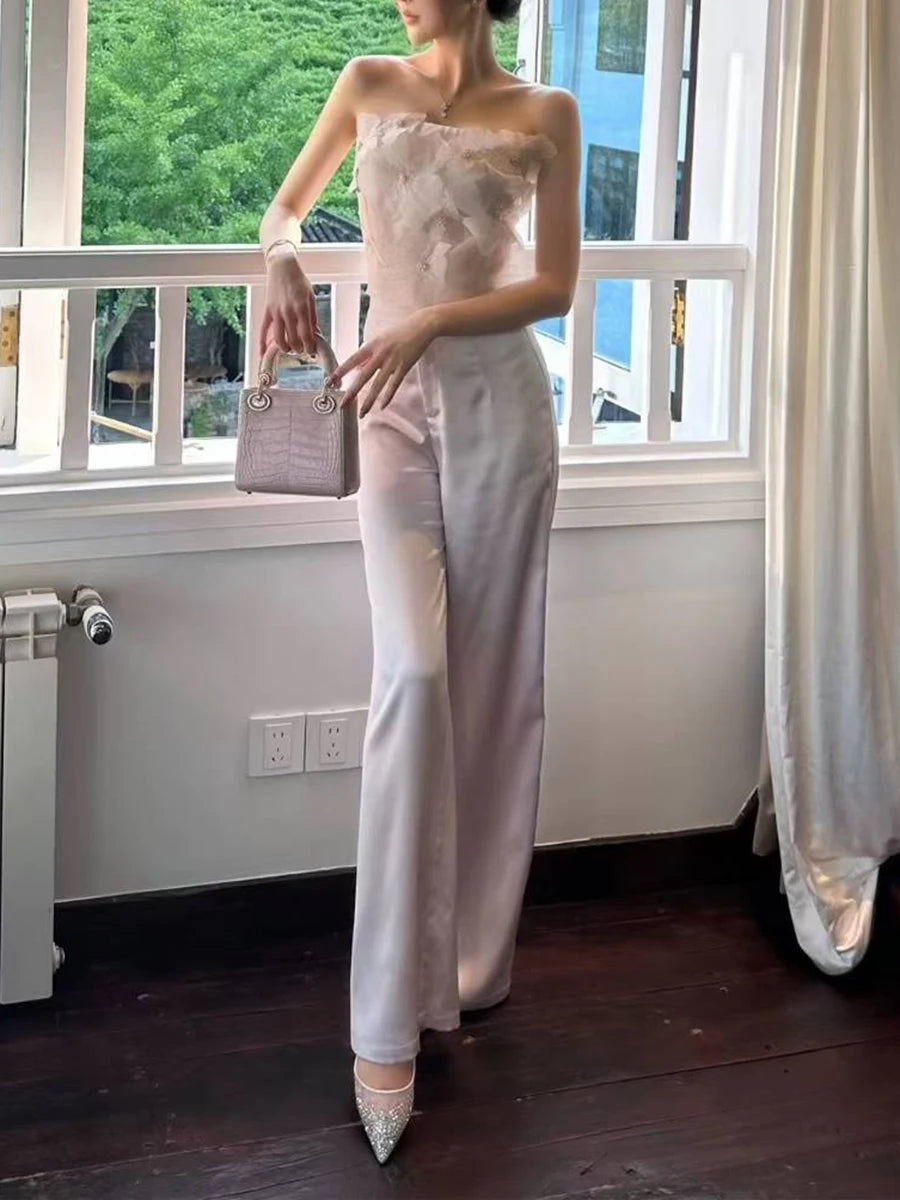 Elegant Two Piece Sets for Women Strapless Sleeveless Spliced 3D Flower Vest High Waist Wide Leg Pant Set Female