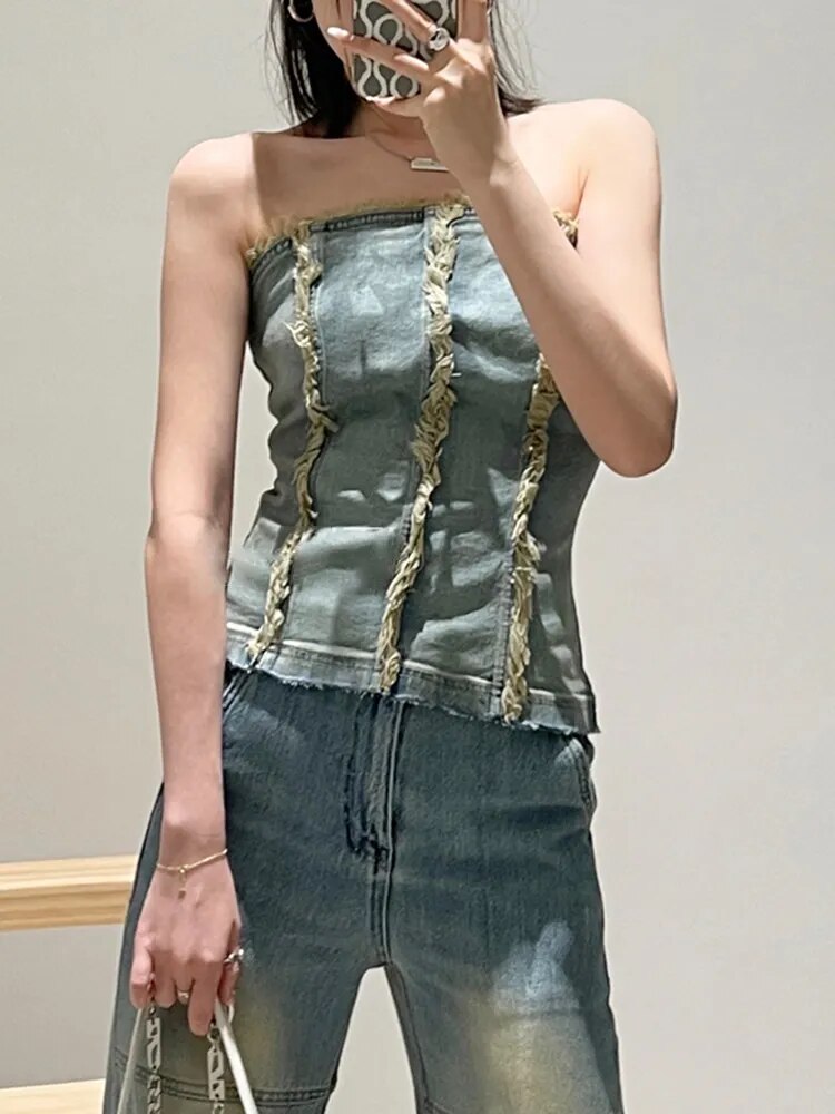 Solid Denim Tank Tops For Women Strapless Sleeveless Slim Streetwear Vest Female Fashion Style Clothing