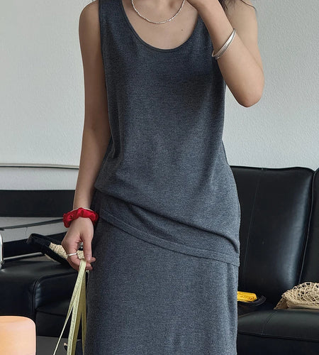 Knitting Vest Half-body Skirt Two Pieces Suit New Round Neck Sleeveless Women Fashion Tide Spring Autumn 2025 1DJ1005