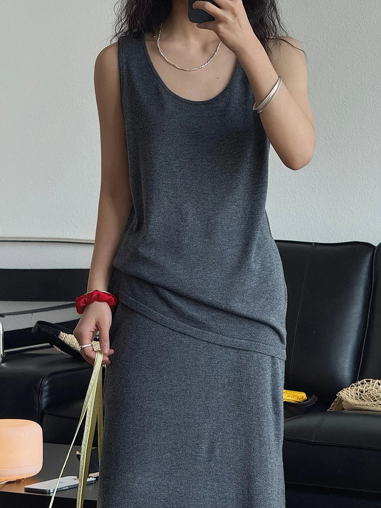 Knitting Vest Half-body Skirt Two Pieces Suit New Round Neck Sleeveless Women Fashion Tide Spring Autumn 2025 1DJ1005