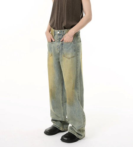 American Style Men's Jeans Reversible Contrast Color Bottom Worn-out Straight Wide Leg Washed Male Denim Pants New 9W1846