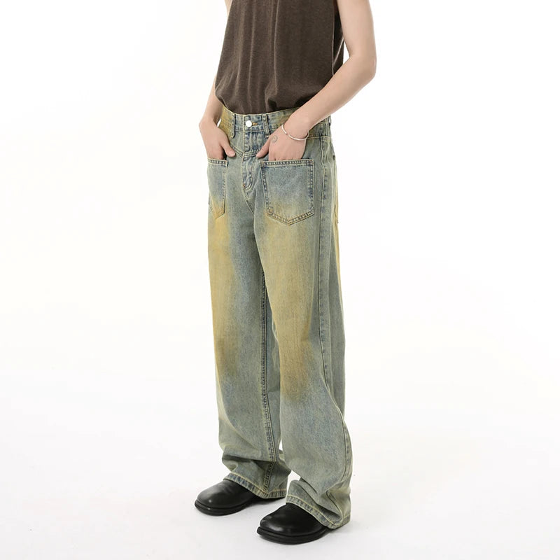 American Style Men's Jeans Reversible Contrast Color Bottom Worn-out Straight Wide Leg Washed Male Denim Pants New 9W1846