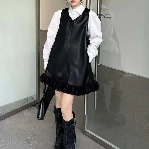 Load image into Gallery viewer, Black Leather Mesh Dress Shirt Two Pieces Suit New Lapel Long Sleeve Women Fashion Tide Spring Autumn 2025 1DH9256
