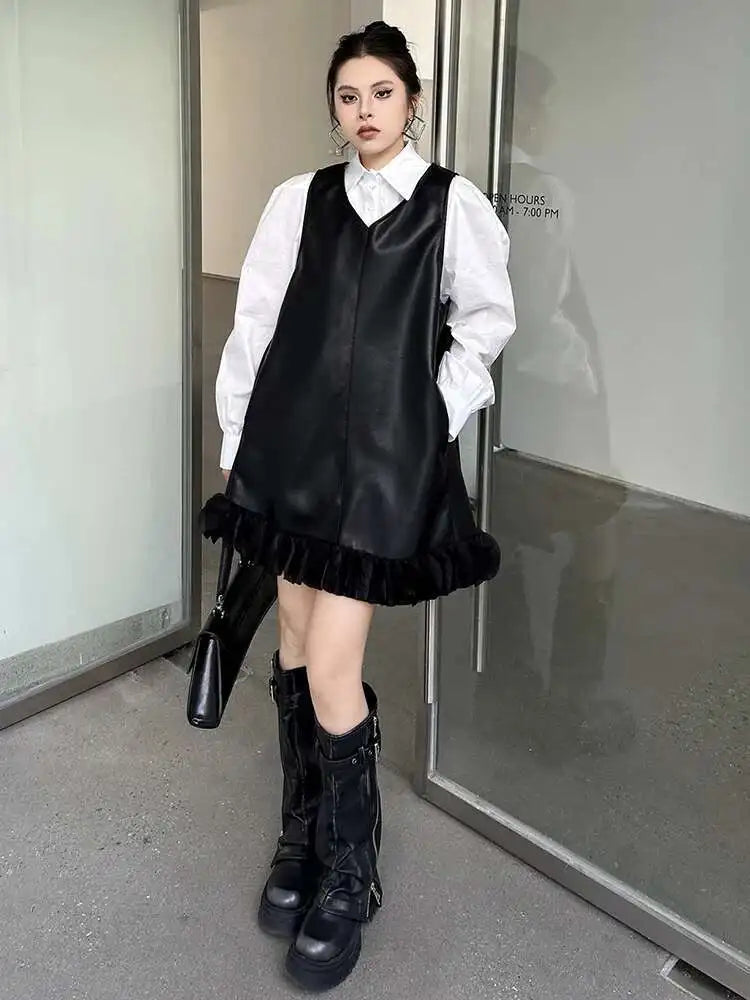 Black Leather Mesh Dress Shirt Two Pieces Suit New Lapel Long Sleeve Women Fashion Tide Spring Autumn 2025 1DH9256