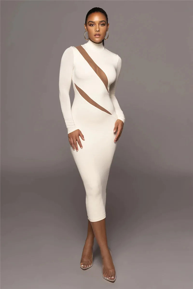 Elegant Long Sleeve Bodycon Sexy Maxi Dress For Women Autumn Winter Fashion Half High Collar Club Party Sexy Long Dress