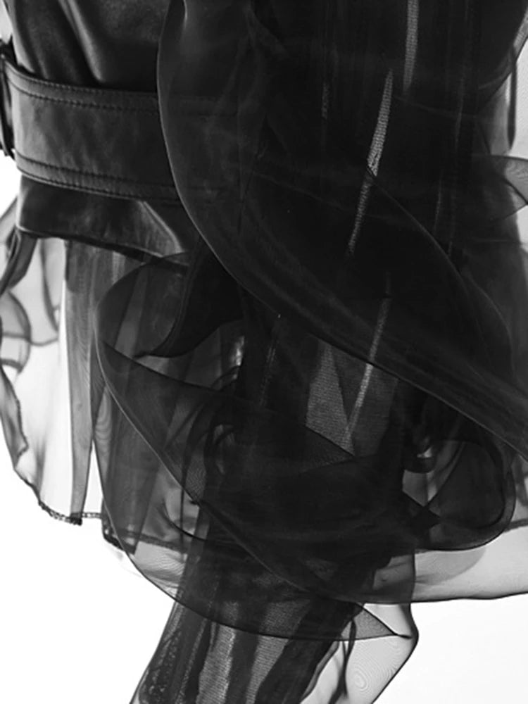 Loose Fit Black Pu Leather Mesh Elegant Jacket New Lapel Long Sleeve Women Coat Fashion Tide Spring Autumn 2025 17A8517