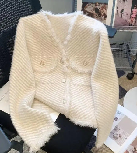 Autumn Winter Korean V Neck Striped Tassel Knitted Cardigan Coat Women's Elegant Single Breasted Thick Mohair Sweater Fashion