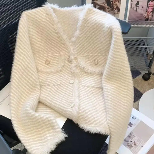 Load image into Gallery viewer, Autumn Winter Korean V Neck Striped Tassel Knitted Cardigan Coat Women&#39;s Elegant Single Breasted Thick Mohair Sweater Fashion
