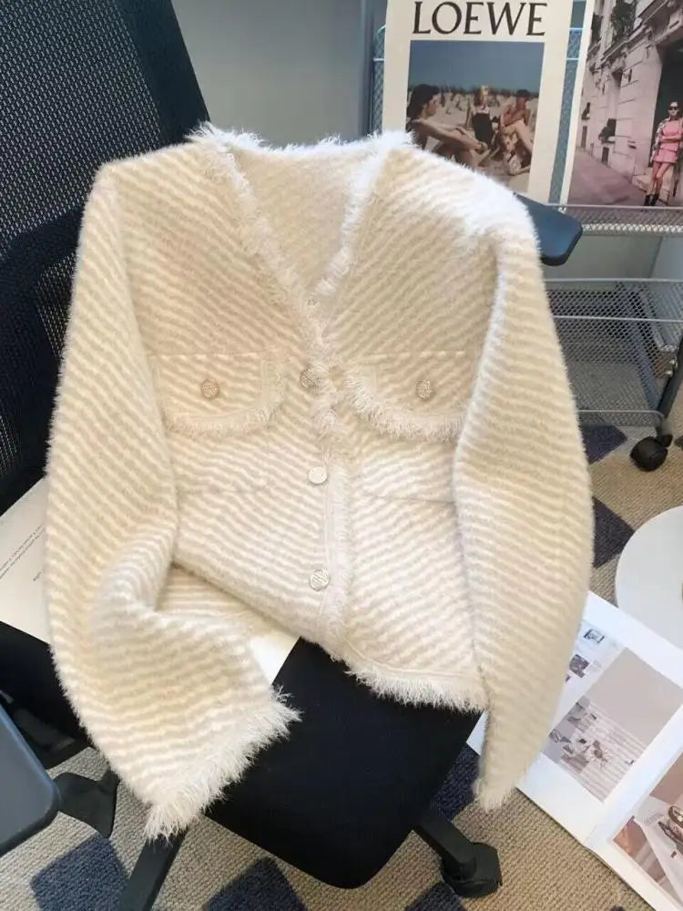 Autumn Winter Korean V Neck Striped Tassel Knitted Cardigan Coat Women's Elegant Single Breasted Thick Mohair Sweater Fashion
