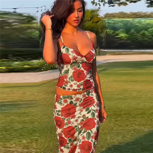 Load image into Gallery viewer, Floral Print Sexy Skirt Two Piece Sets Women Fashion Sleeveless Crop Tops And Long Skirt Femme Printed Two Piece Sets

