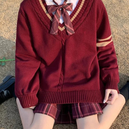 Load image into Gallery viewer, V-neck Twist Patchwork Grunge Sweaters Loose Knitted Vintage Solid Preppy Jumpers Japanese Y2k Aesthetic Femme Casual Pullovers
