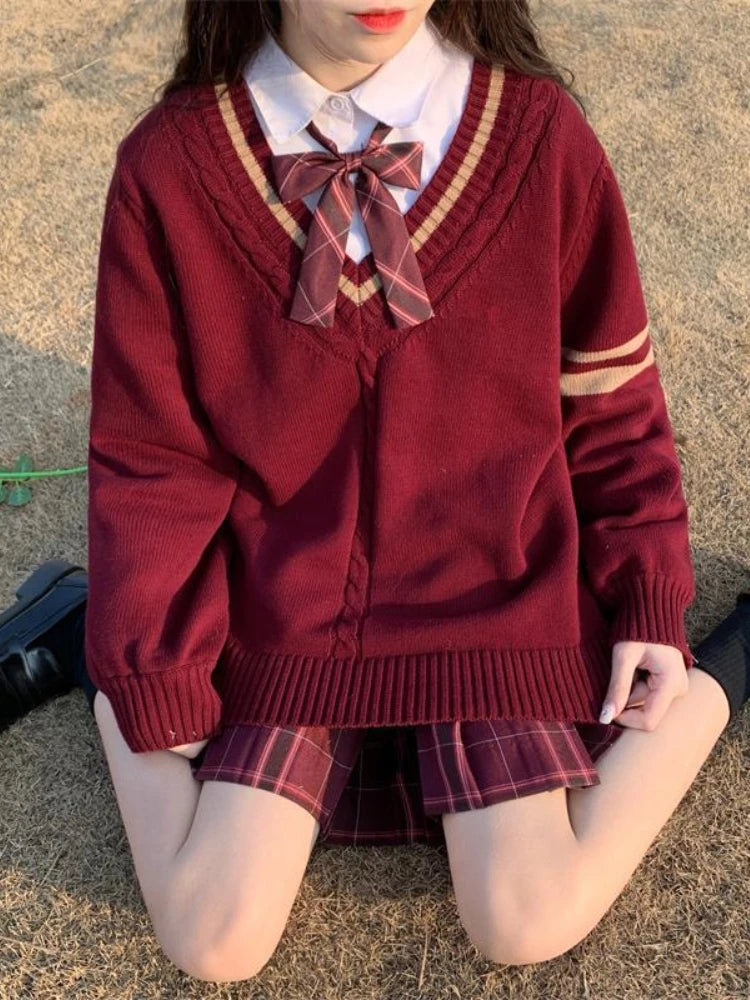 V-neck Twist Patchwork Grunge Sweaters Loose Knitted Vintage Solid Preppy Jumpers Japanese Y2k Aesthetic Femme Casual Pullovers