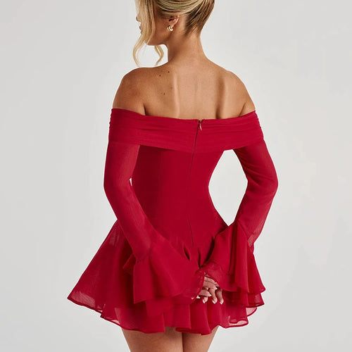 Load image into Gallery viewer, Strapless Long Flare Sleeve Sexy Mini Dress For Women Robe Off-shoulder Backless High Waist A-line Club Party Dress
