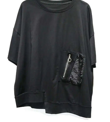 Women White Irregular Pocket Big Size Casual T-shirt New Round Neck Short Sleeve Fashion Tide Spring Summer 2025  1DJ0620