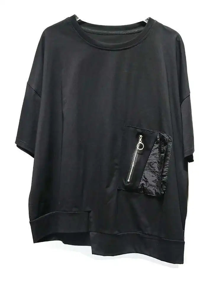 Women White Irregular Pocket Big Size Casual T-shirt New Round Neck Short Sleeve Fashion Tide Spring Summer 2025  1DJ0620