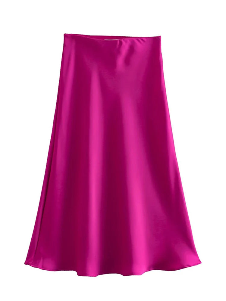 Hot Sale Solid Satin Elastic Waist Women A-Line Skirt Summer Female Slim Falda