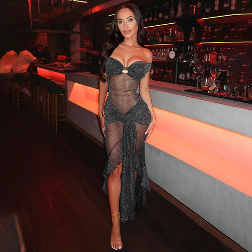 Load image into Gallery viewer, Mesh See Through Ruffled Sexy Maxi Dress For Women Gown Gray Off-shoulder Strapless Backless Ruched Long Dress Vestido
