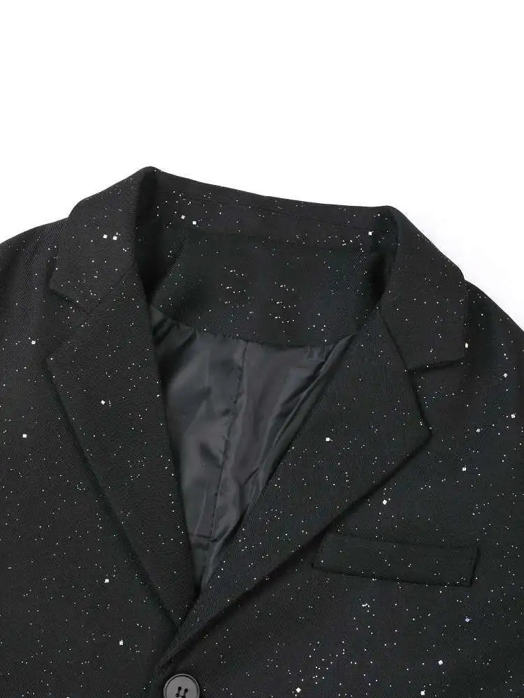 Women Black Shining Big Size Elegant Blazer New Lapel Long Sleeve Loose Fit Jacket Fashion Tide Spring Autumn 2025 CPG0664