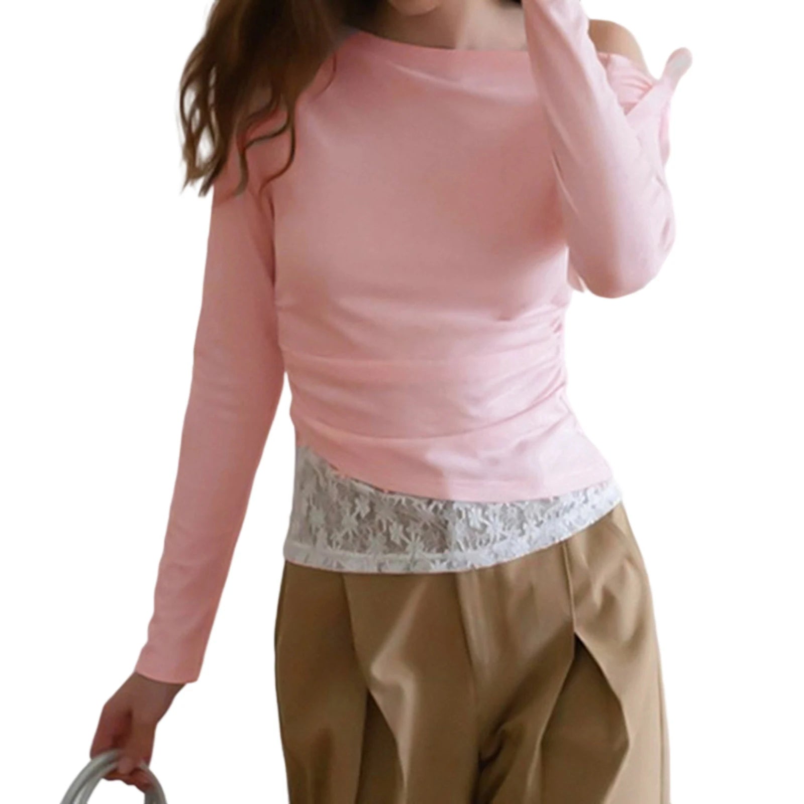 Coquette Crop Tops y2k Women Clothing Bow Lace Patchwork Off Shoulder Long Sleeve T Shirts 2000s Clothes Streetwear