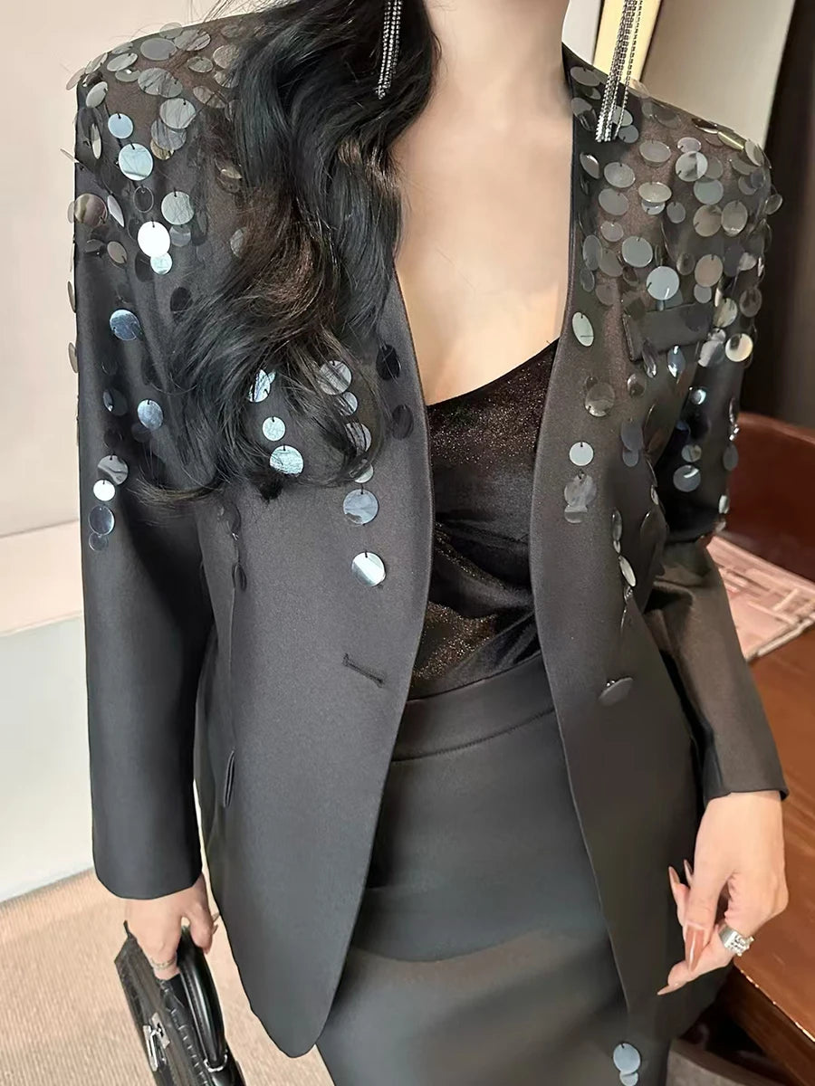 Solid Spliced Sequines Two Piece Set For Women Lapel Long Sleeve Coat High Waist Temperament Skirt Sets Female New