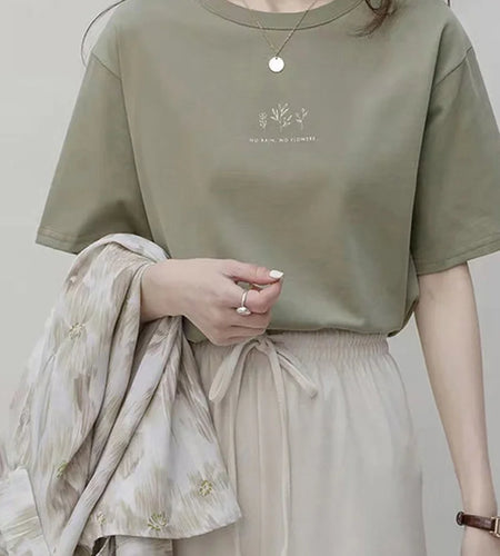 Korean Style Round Neck T-shirt Women's Summer Loose Fit Plant Printing Casual Solid Color Short Sleeves Top For Students