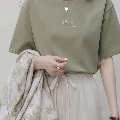 Load image into Gallery viewer, Korean Style Round Neck T-shirt Women's Summer Loose Fit Plant Printing Casual Solid Color Short Sleeves Top For Students
