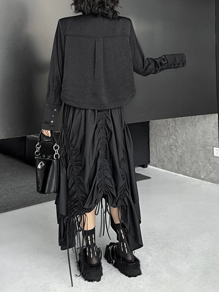 Women Black Textured Big Size Elegant Short Blouse New Lapel Long Sleeve Shirt Fashion Tide Spring Autumn 2025 1DJ1095