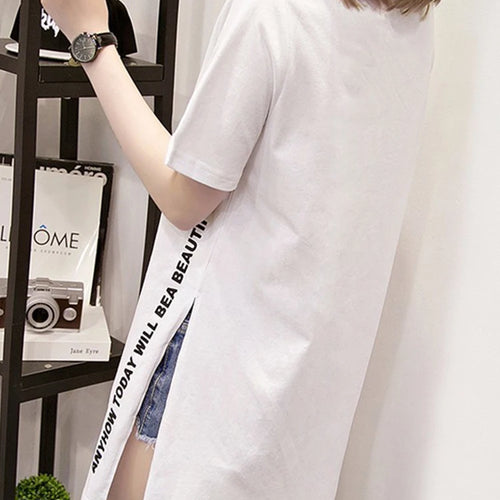 Load image into Gallery viewer, WONDERFUL DAY Print Long T shirts Summer Women Loose Slit Femme Tops Cotton Tshirt Short sleeve Ladies t-shirt
