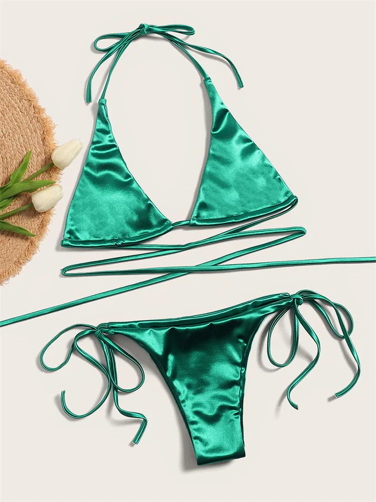 Sexy Halter Brazilian Bikini Set Cross Bandage Female Swimsuit Women Swimwear Backless Two-pieces Bathing Suit