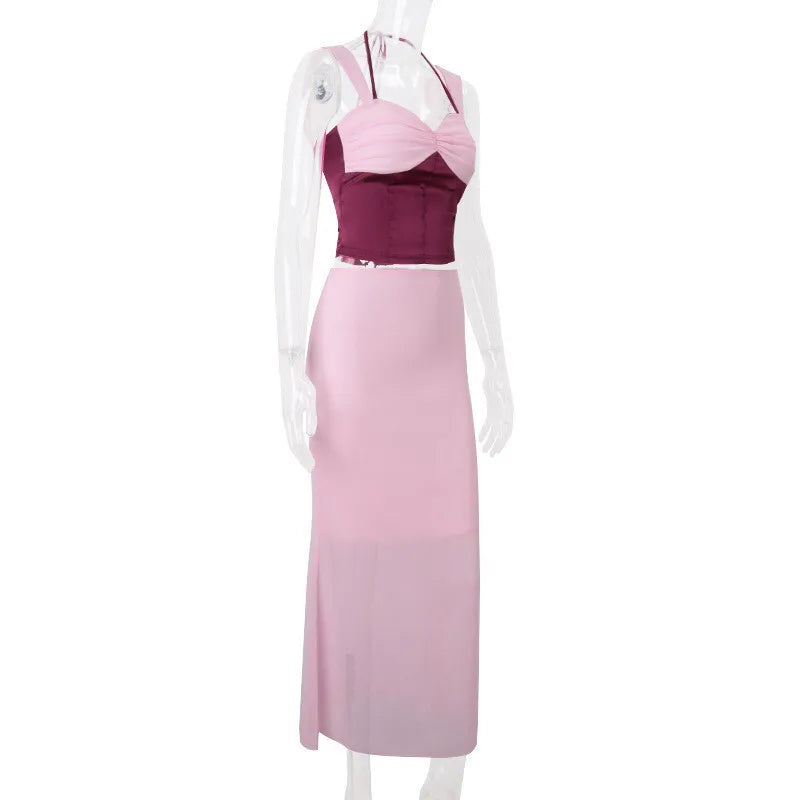 Sexy Skirt Two Piece Sets Women Halter Lace-up Cropped Tops And Maxi Skirt Ladies Fashion Sleeveless 2 Piece Sets