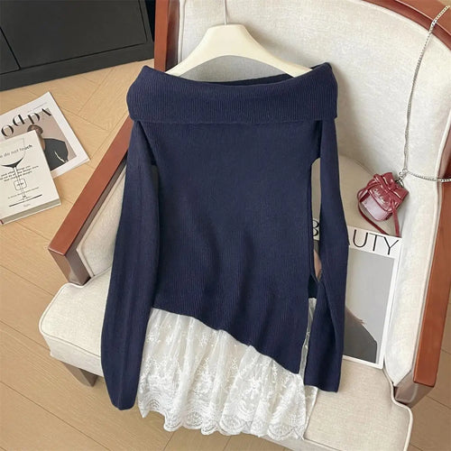 Load image into Gallery viewer, French Autumn Winter Patchwork Lace Elegant Pullover Short Sweater Women's Vintage 2024 New Office Lady Long Sleeved Knitted Top
