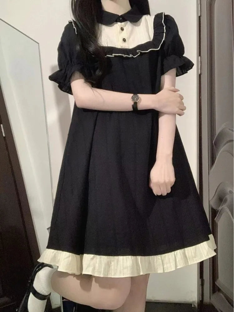 School Kawaii Lolita Dress Japanese Sweet Harajuku Cute Student Black Puff Sleeve Party Dresses Autumn