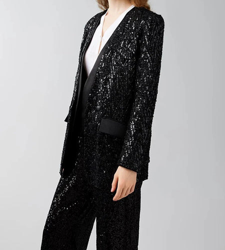 Solid Spliced Sequines Casual Jackets For Women V Neck Long Sleeve Patchwork Pockets Temperament Coat Female New