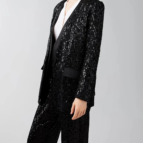 Load image into Gallery viewer, Solid Spliced Sequines Casual Jackets For Women V Neck Long Sleeve Patchwork Pockets Temperament Coat Female New
