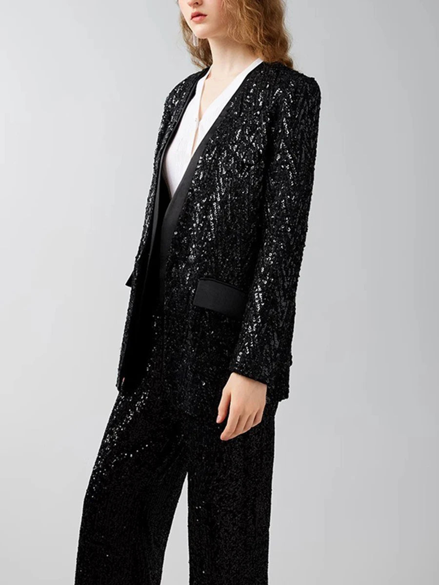 Solid Spliced Sequines Casual Jackets For Women V Neck Long Sleeve Patchwork Pockets Temperament Coat Female New