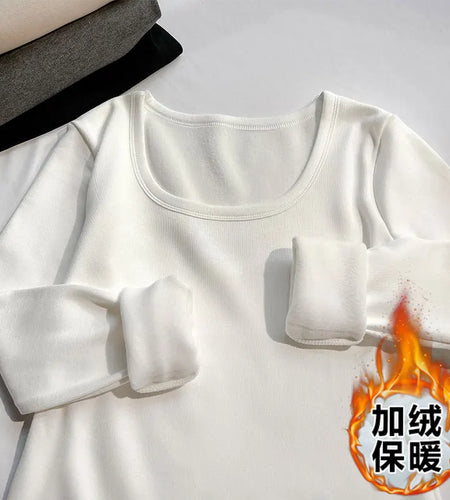 Solid O Neck Long Sleeve Shirt Women Autumn Winter Bottoming Tops Casual Slim Basic Velvet T-shirt 2024 Simplicity Popular Trend