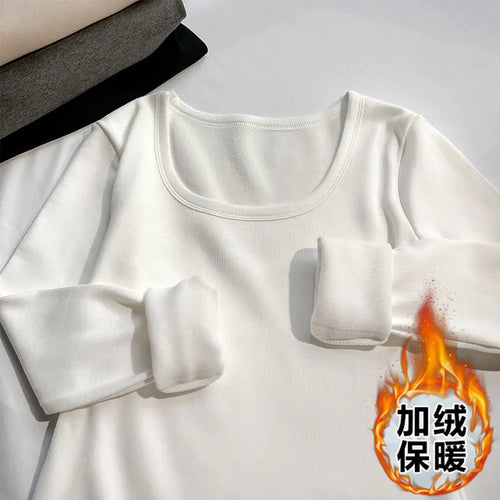 Load image into Gallery viewer, Solid O Neck Long Sleeve Shirt Women Autumn Winter Bottoming Tops Casual Slim Basic Velvet T-shirt 2024 Simplicity Popular Trend
